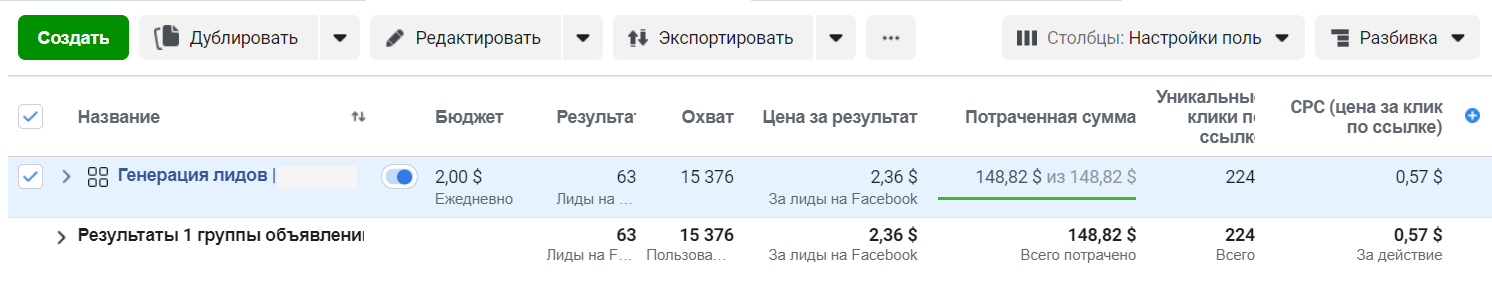 Таблица с отработанной рекламой facebook курсы сенсорного развития